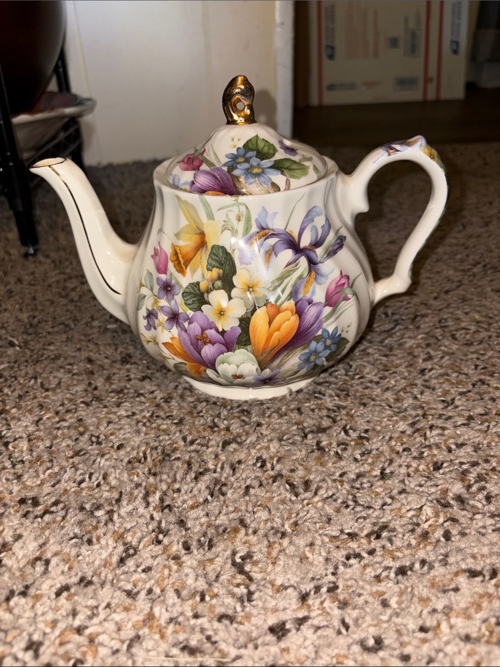 Vintage James Sadler England “Spring Floral” ceramic teapot with gold trim
